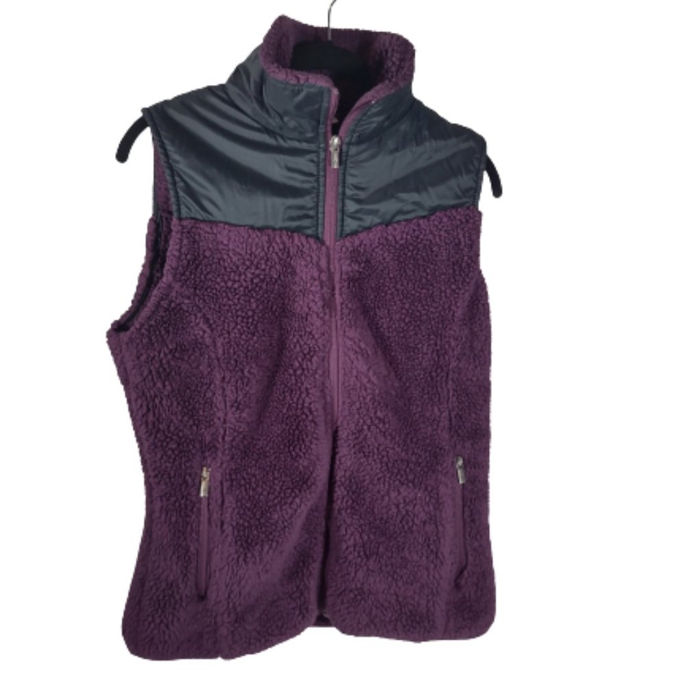 Columbia Burgundy/purple Black Fluffy Teddy Bear Soft Vest Women Medium Full Zip